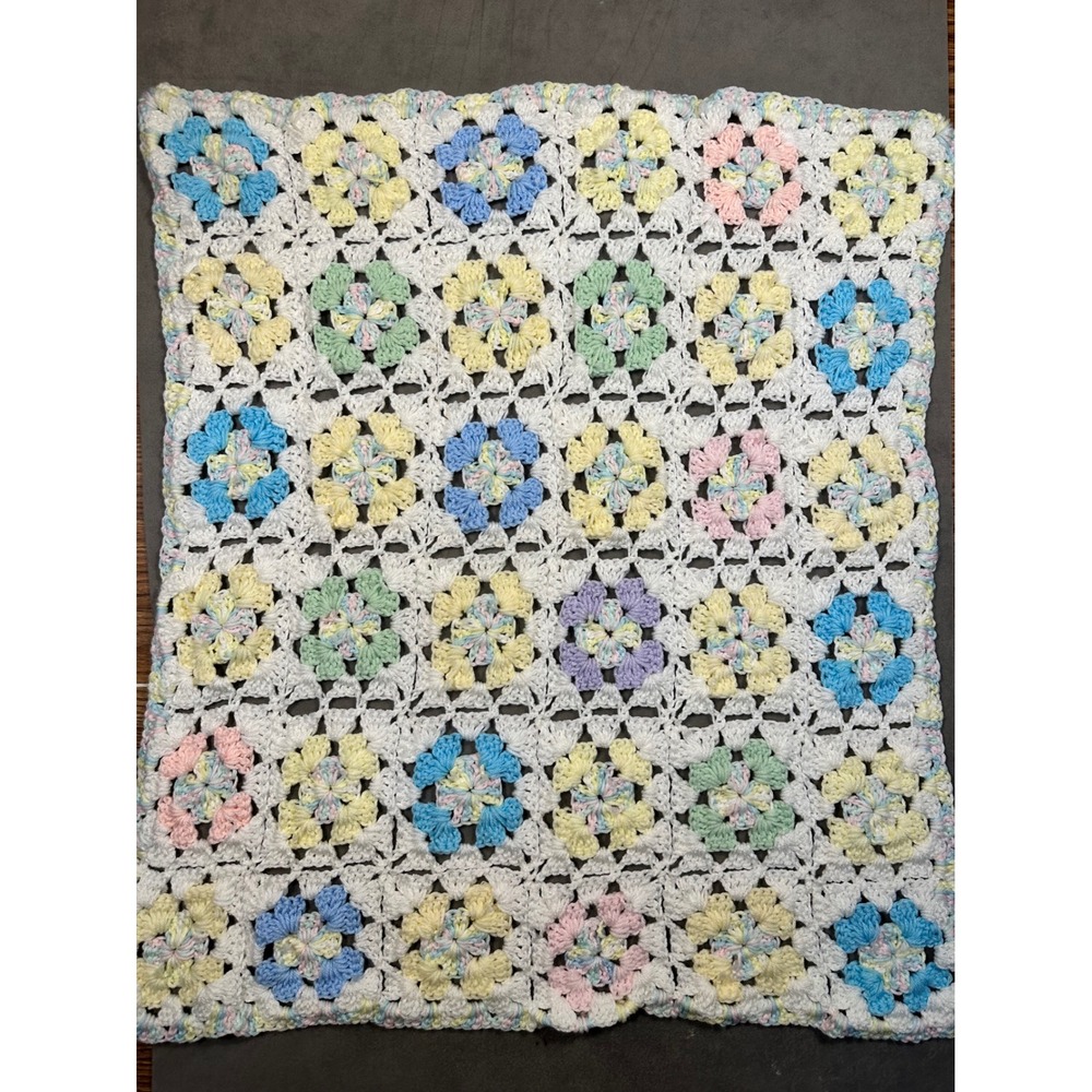 Handmade Crochet Baby Blanket Pastel Floral Granny Square White Multi 30x34 - Picture 5 of 7